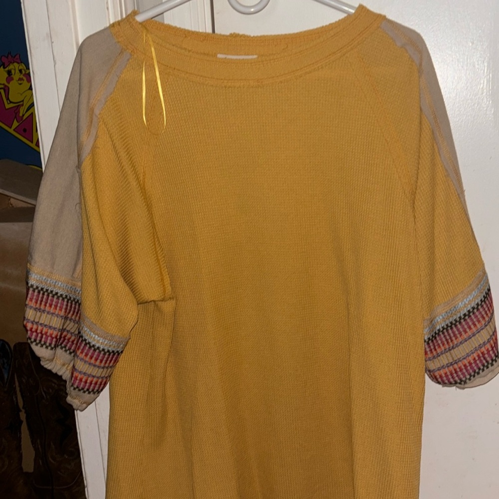 Waffle Knit Top with Multicolor Embroidered Sleeves
